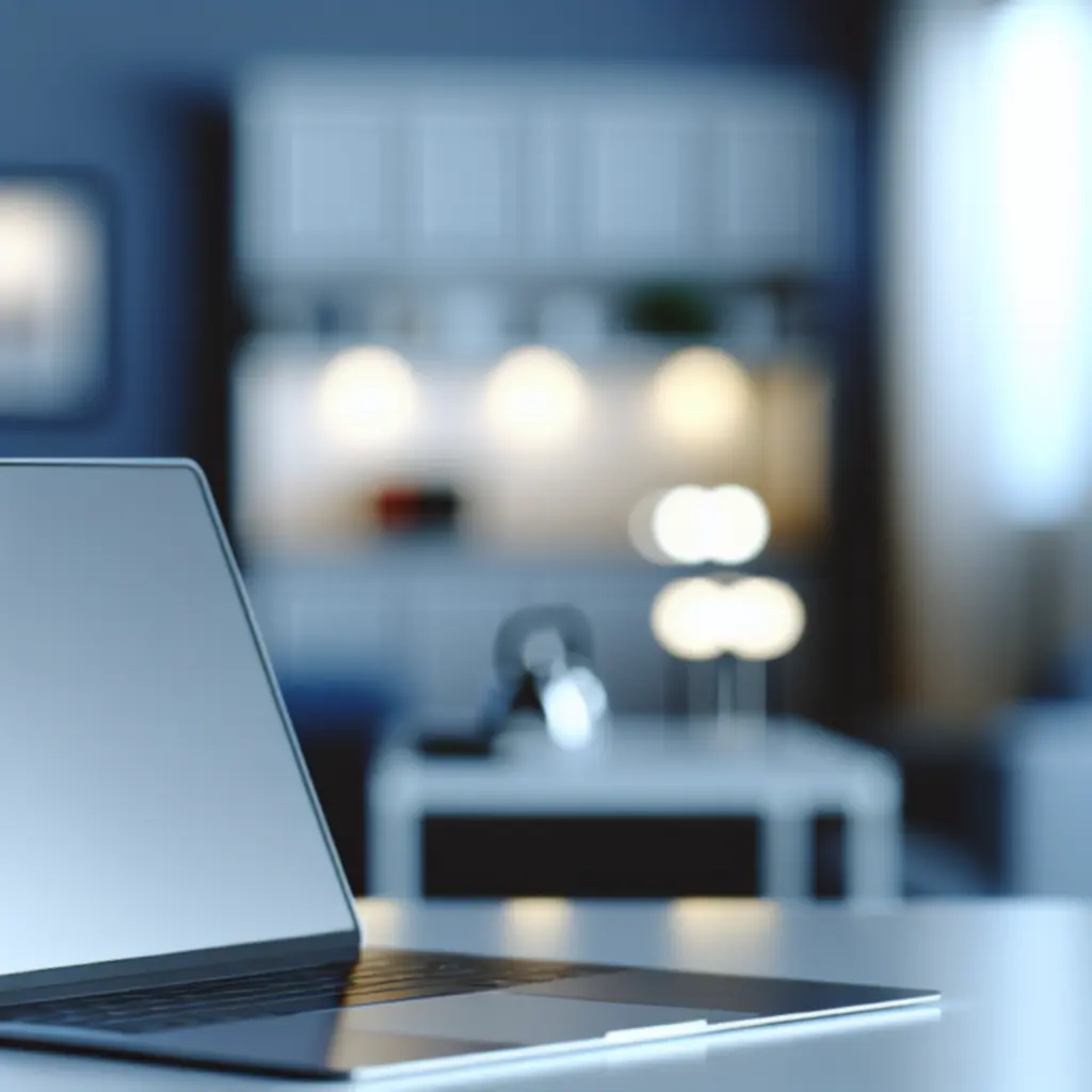 Laptop ustawiony na biurku w domowym biurze