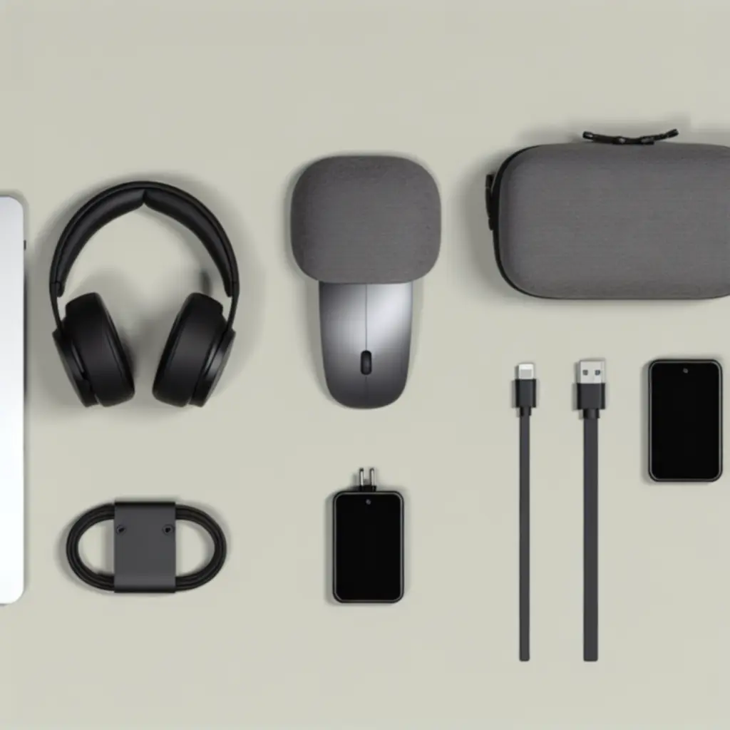 Zestaw najpopularniejszych akcesoriów technologicznych: myszka, słuchawki, ładowarka i torba na laptopa