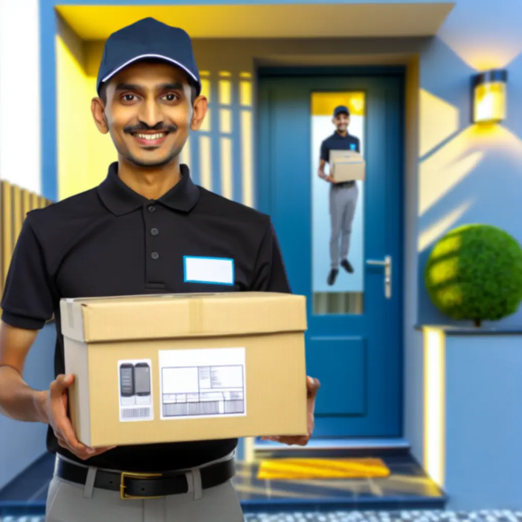 Kurier dostarczający starannie zapakowaną przesyłkę z elektroniką